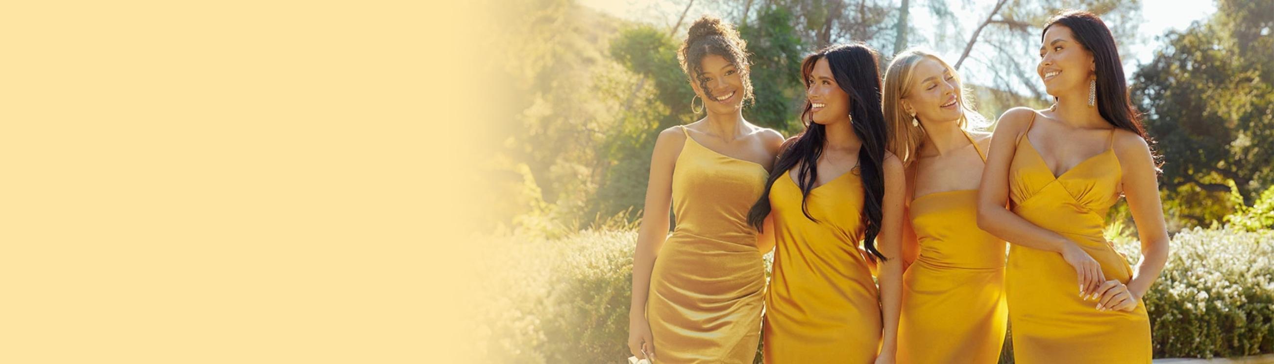 Models wearing yellow bridesmaids dresses