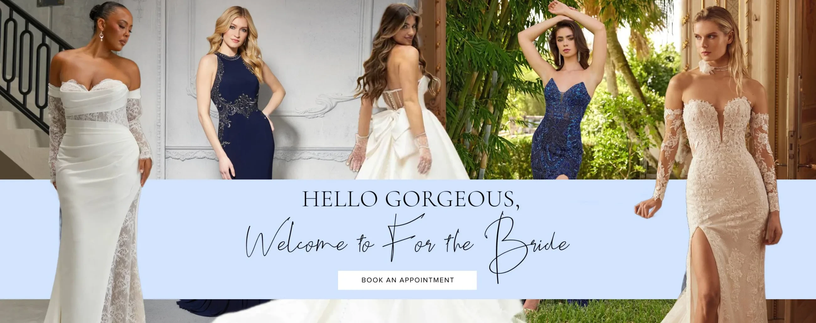Models wearing bridal, mother of the bride and bridesmaids gowns, desktop banner
