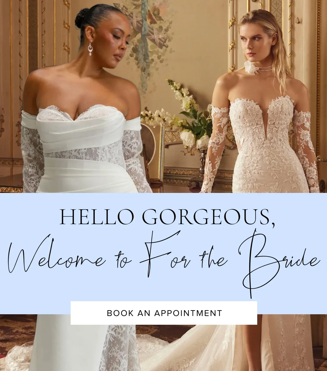 Models wearing bridal, mother of the bride and bridesmaids gowns, mobile banner