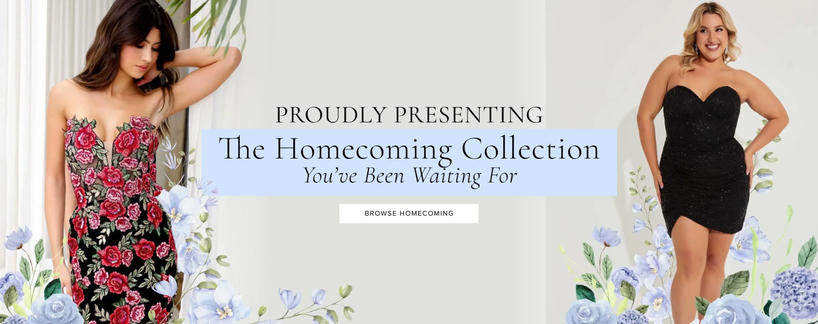 2 models wearing  Primavera homecoming gowns, desktop banner