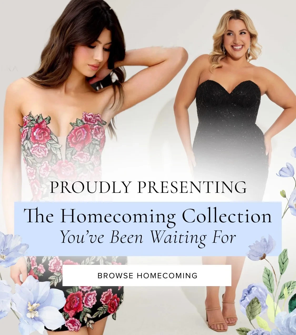 2 models wearing  Primavera homecoming gowns, mobile banner