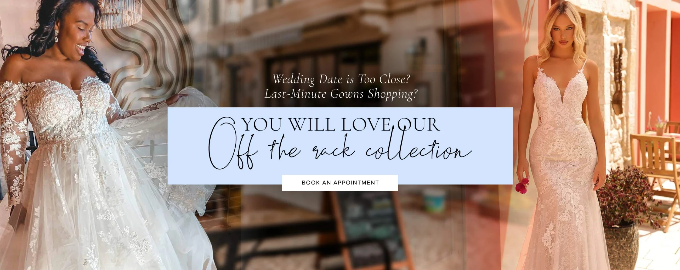 2 models wearing bridal gowns, desktop banner