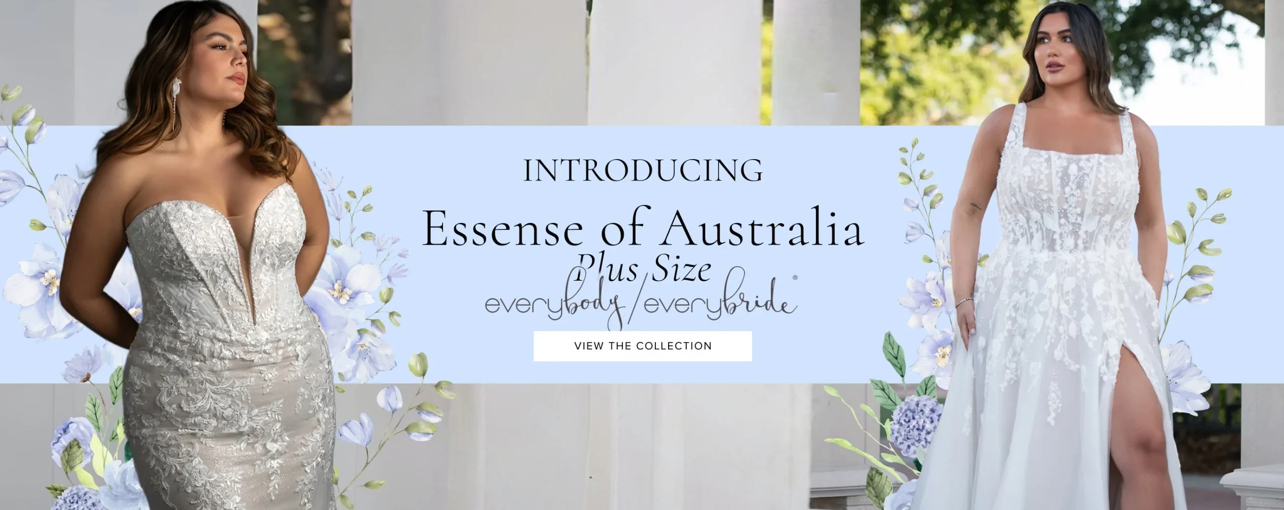 2 Models wearing Essense of Australia plus size gowns, desktop banner